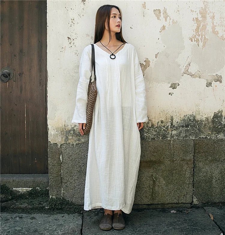 

Small Warm Origional Autumn And Winter Double Layer Cotton Linen Retro Literature And Art Pinch Pleated Dress Large Robe Four Co