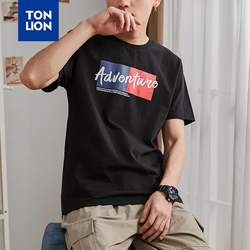 

TONLION 4 Style Available Black White Men's Tshirts Letter Print Simple T-shirts for Male Japan Style O Neck Tops Tees Blue 2020