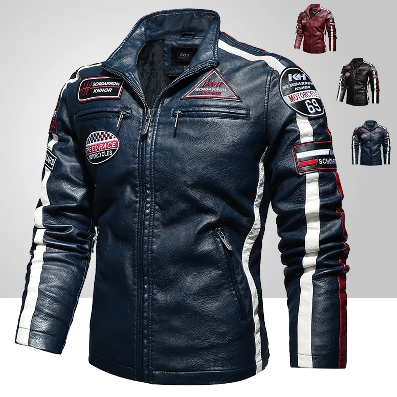 Chaqueta Vintage de motociclista para hombre, chaqueta de cuero para motorista, bordada, de lana, para invierno, 2020