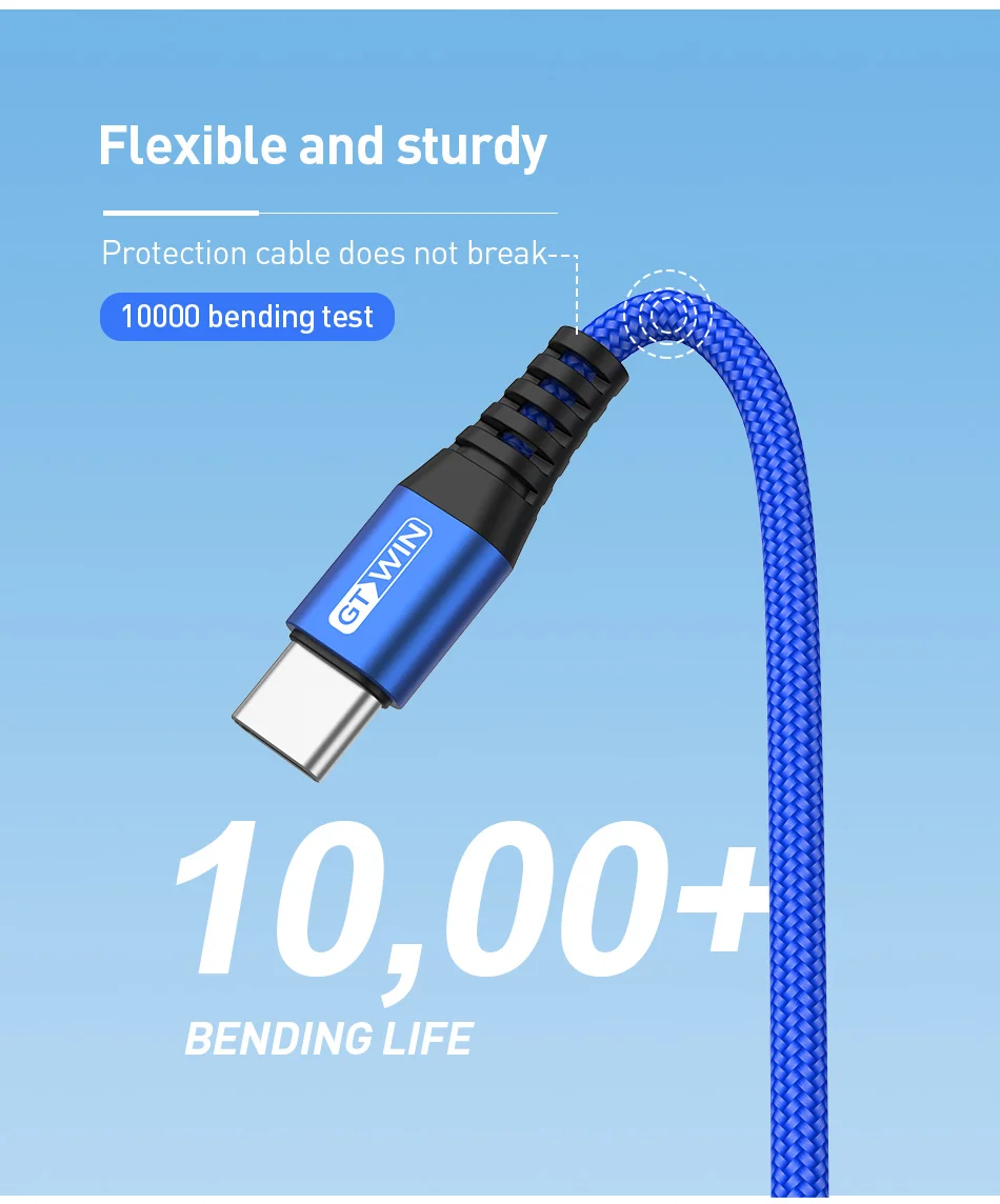 GTWIN 1M 2M Type C USB Cable 3A Fast Charger Cable For Samsung S9 S10 HUAWEI 3A Charging Wire USB C Data Cable Xiaomi mi9 LG