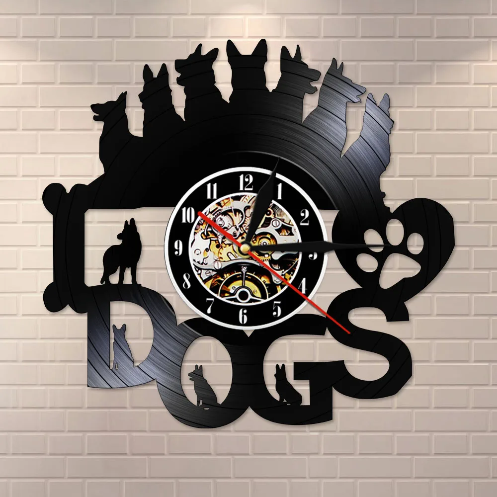 I Love Dogs Romantic Dog Quote Vinyl Record Disco Wall Clock Puppy Silhouette Laser Cut Handicraft Art Home Decor | Дом и сад