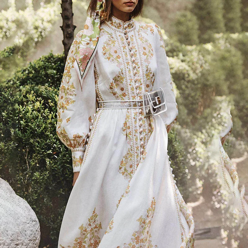 Autumn Runway Designer Dress Women Vintage Single-breasted Long Sleeve Floral Printed Maxi Dress With Belt vestidos