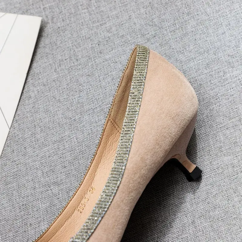 Designer Women Pumps Flock Slip On 3.5CM Thin High Heels Pointed Toe Shallow zapatos de mujer heels women size 35-42 black