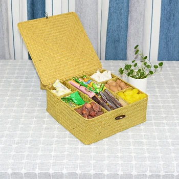 

Natural Sundries Box Straw Snack Food Basket With Lid Wicker Candy Makeup Organizer Square Seaweed Home Decor Multifunction