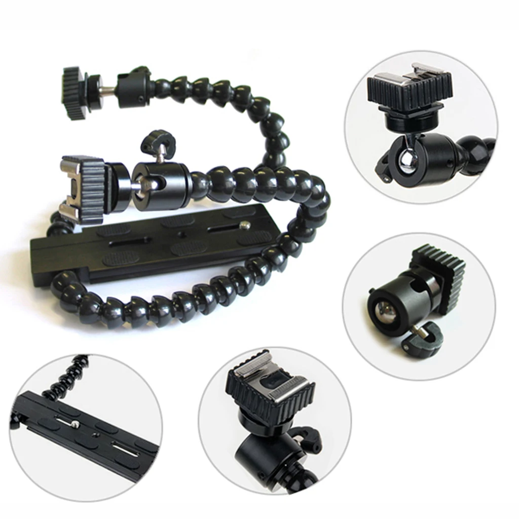 Camera Hot Shoe Flash Speedlite Bracket With Flexible Arm Tripod Dual Clamp