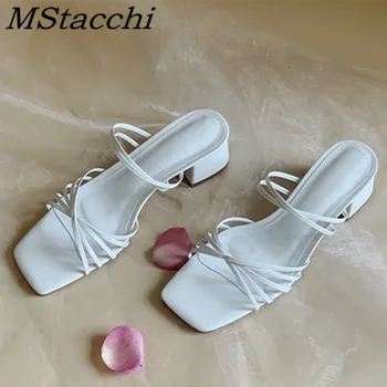 

MStacchi 2020 Girl Sandals Narrow Band Chunky Heel Outdoors Shoes Square Toe Party High Heel Shoes Sexy Sandbeach Women Sandals