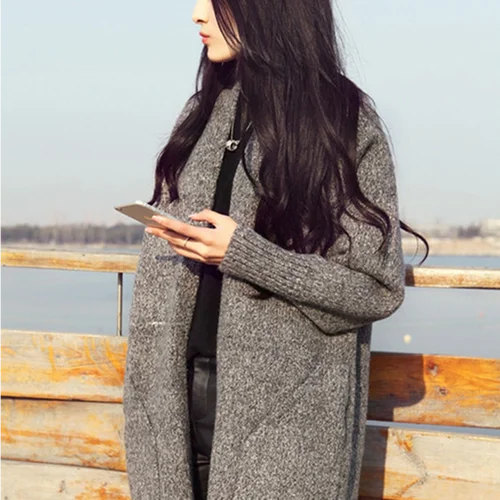 Dark Gray Осень зима длинный кардиган женский модный однотонный Свободный вязаный свитер корейский с карманами и v-образным вырезом повседневные топы Джерси Mujer - Цвет: Dark Gray
