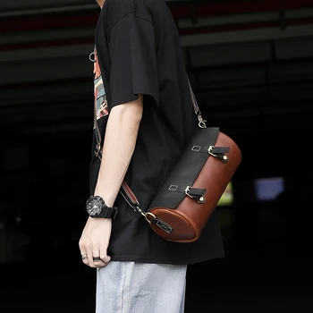 

New Panelled Color Leather Crossbody Bag Vintage Barrel-shaped Shoulder Bag Cool Fashion Men Messenger Bags