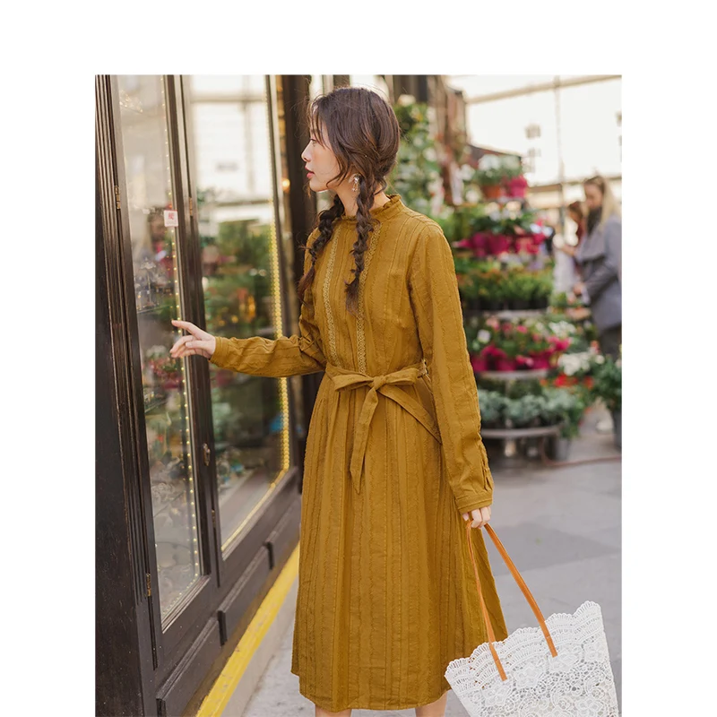  INMAN Spring Autumn Retro Lace Stand up Collar Jacquard Cotton Defined Waist A-line Solid Romantic 