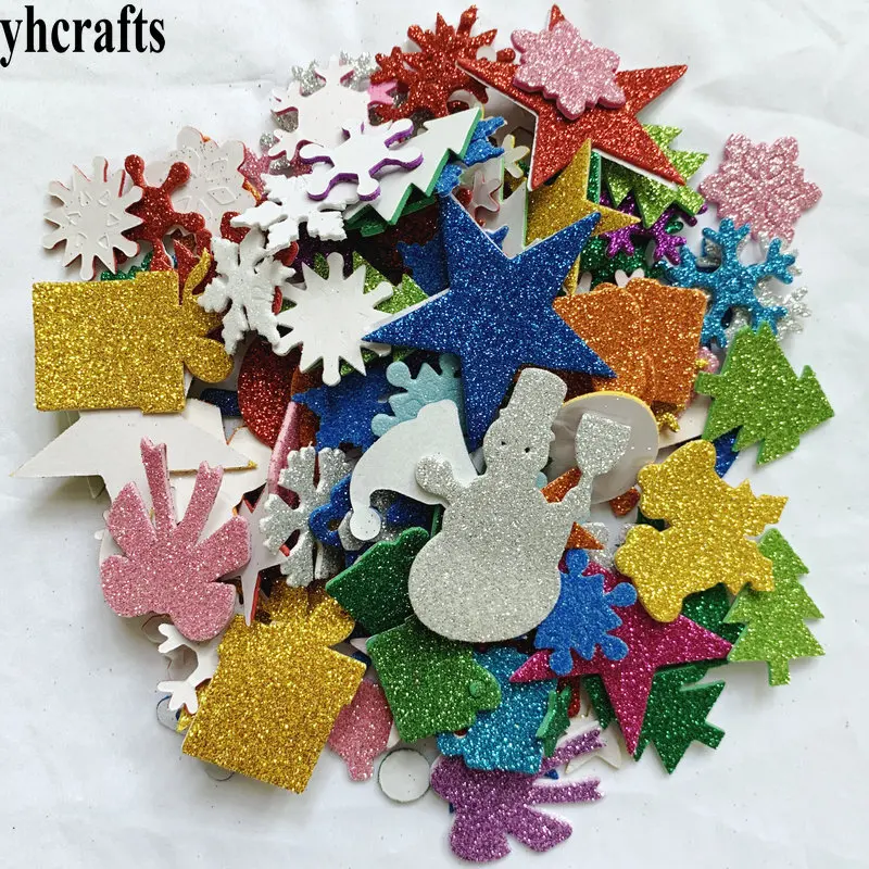 

150PCS/LOT,Mix glitter christmas stickers de noel Glitter snowflake Xmas tree Santa Foam shape Christmas party decoration OEM