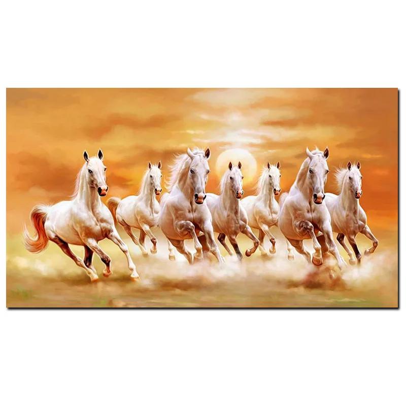 HD Print Artistic Animals Art Seven Running White Horse Oil Painting on Canvas Gold Poster Modern Wall Painting For Living Room 