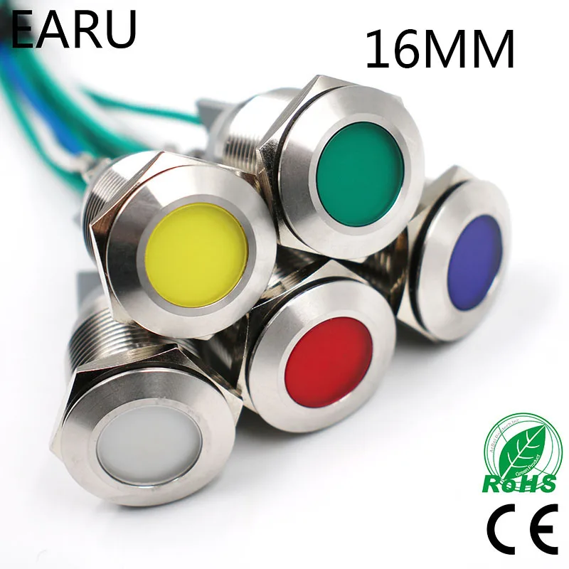 

16mm Waterproof IP67 Metal Indicator Signal LED Lamp Light 5V 12V 24V 110V 220V Red Green Blue Yellow Pilot Power PC Boat Car