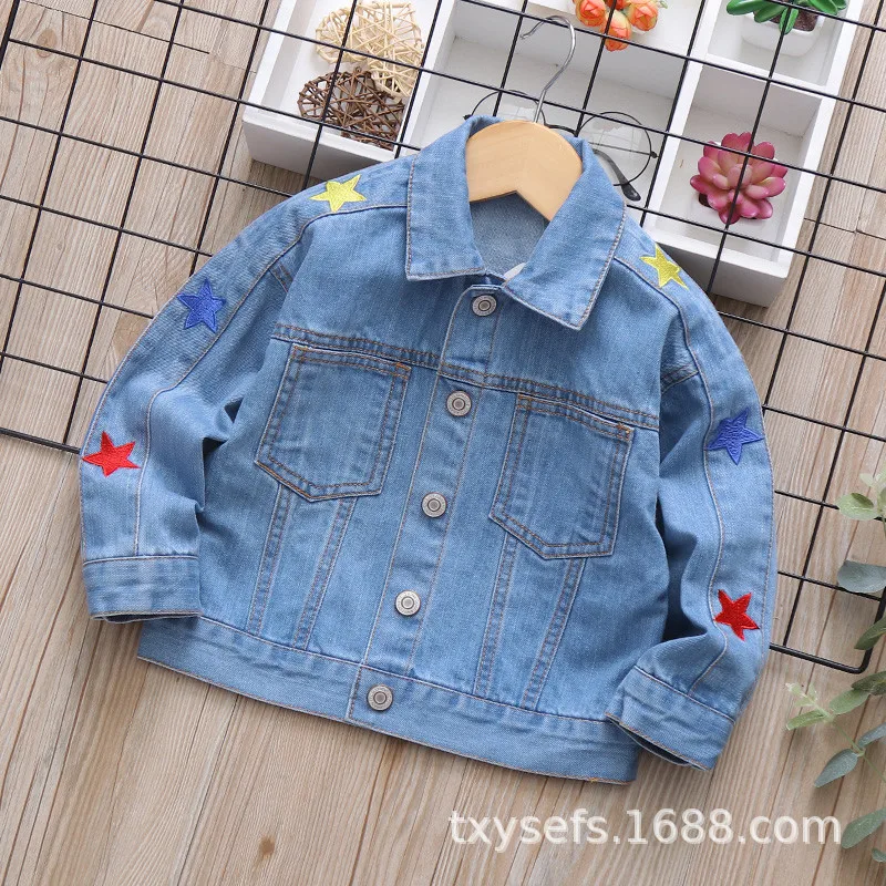 Pls-j314 детская одежда; Детское пальто; коллекция года; сезон осень; стиль; джинсовая куртка с вышивкой пятиконечной звезды для девочек