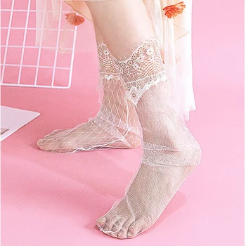 

Women Vintage Ladies Ruffle Gold Lattice Fishnet Ankle High Socks Mesh Crystal Lace Fish Net Silk Socks Black White