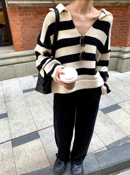 

Dunayskiy 2020 Autumn Winter Women Sweater V-Neck POLO Collar Pullovers Knitted Striped Korean Elegant Ladies Jumpers