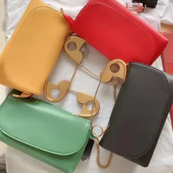 

Pin Design Small Female Bag 2020 New Ins Chain Shoulder Messenger Bag Small Square Candy Color Clip Cow Leather purses Korean