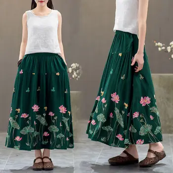 

China Wind women's summer embroidered skirt and long sections loose big swing skirt embroiElastic waistdered ethnic style skirts