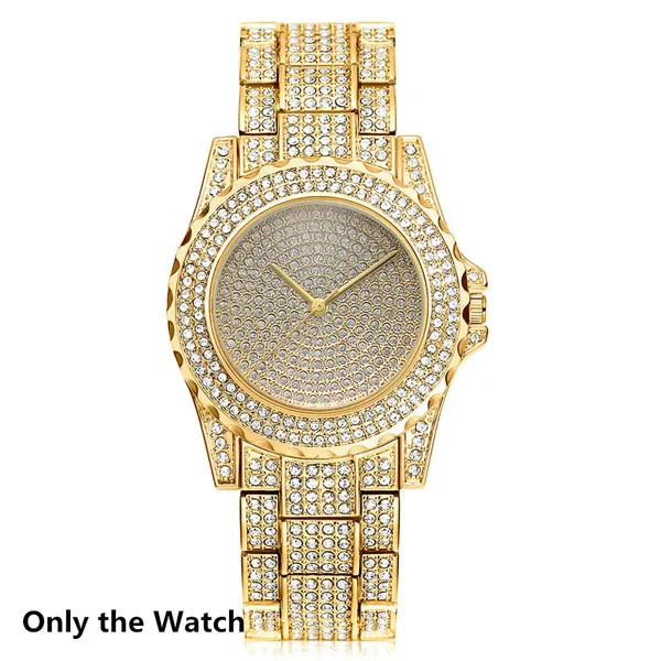 Ожерелье в стиле хип-хоп+ часы+ браслет, полностью вымощенные стразы, кубинская цепочка в стиле кантри, золото, CZ, побрякушка для Мужчин, Ювелирные изделия - Окраска металла: Only Gold watch