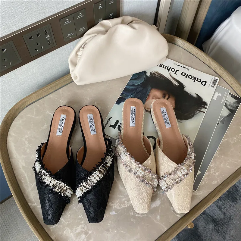 

Fringe Flats Slippers Women Lace Closed Toe Mules String Bead Slides Fashion Slip on Shoes Loafers Sandalias Mujer Apricot Black