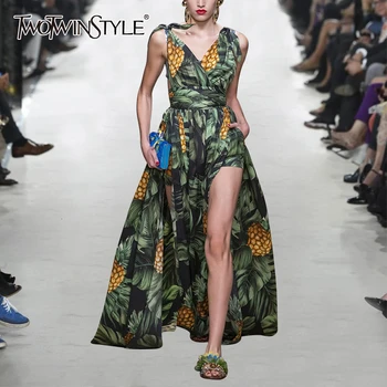 

TWOTWINSTYLE Casual Print Jumpsuits For Women V Neck Spaghetti Strap High Waist Patchwork Side Split Jumpsuit For Female Tide