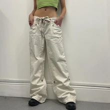 WeiYao Baggy Cargo Pants Women White Button Wide Leg Trousers Pockets Patchwork Low Waist Sweat Pants Vintage Casual Boyfriend