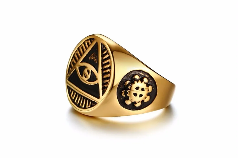Mens Rings Illuminati Pyramid the All-Seeing-Eye Religious Ring for Men Stainless Steel Vintage Symbols Jewelry gold 16