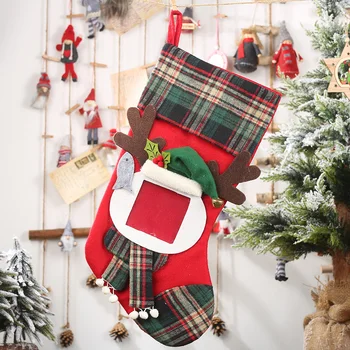 

New Christmas Decoration Transparent Photo Frame Plaid Christmas Socks Child Gift Cloth Bag Candy Bag Big Socks