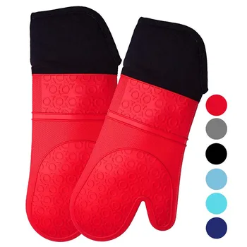 

Long Silicone Heat-Resistant Gloves Oven Mitts with Quilted Liner Cooking Barbecue Gants Pot Holders Kitchen Microwave Mittens
