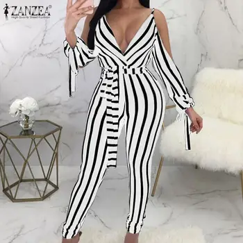 

2020 ZANZEA Summer Deep V Neck Jumpsuits Women Sexy Straps Rompers Striped Backless Playsuits Off Shoulder Slim Party Overalls