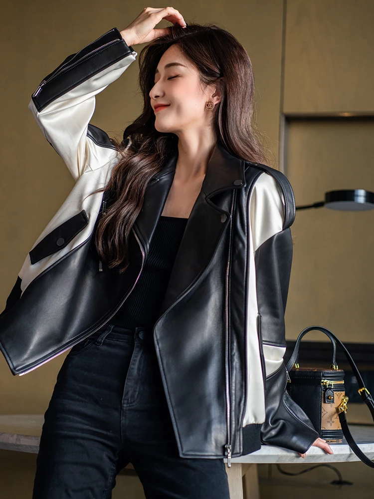 Women\'s Winter Sheepskin Coat Green Black White Splicing  Leather Jackets Coat Autumn loose Locomotive Women Jacket Coats