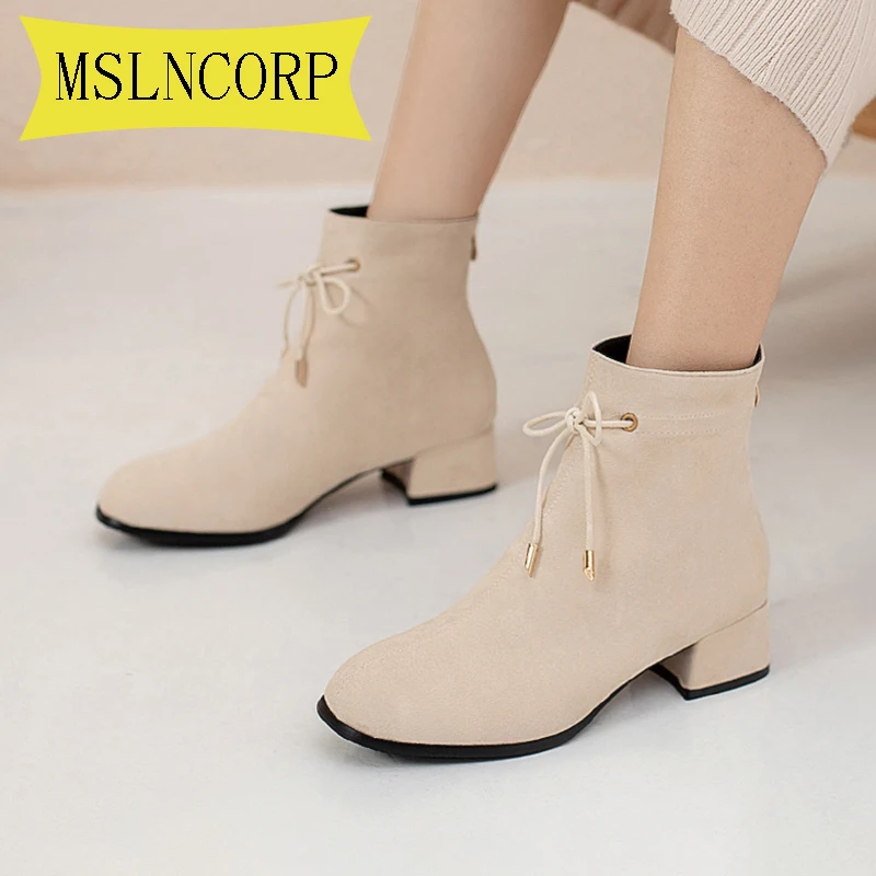 

Plus Size 34-48 Autumn Winter Casual Women Pumps Warm Ankle Boots Waterproof High Heels Fashion Women Boots Lace-up Ladies Shoes