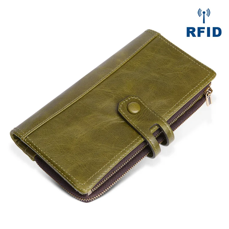 

Retro Fashion WOMEN'S Leather Wallet Multi-functional Mobile Phone Clutch RFID Anti-Theft Brush Double Zip Long Wallet