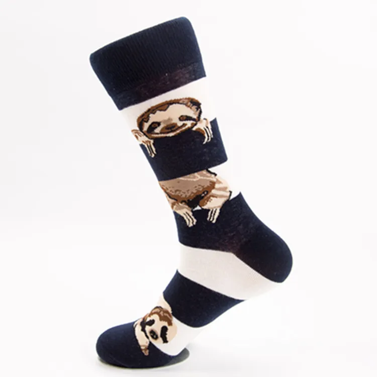 Новинка, модные носки с пандой, Ленивец, чистый хлопок, большие размеры, EU 41-46, мужские носки с рисунками животных, новинка, носки - Цвет: navy sloth