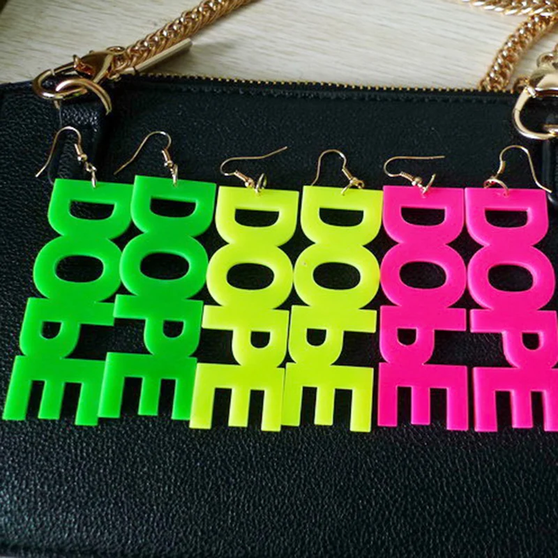 Fashion-3-colors-fluorescence-Letter-DOBE-DOPE-Drop-Earrings-for-women-Super-big-Party-Earrings-For