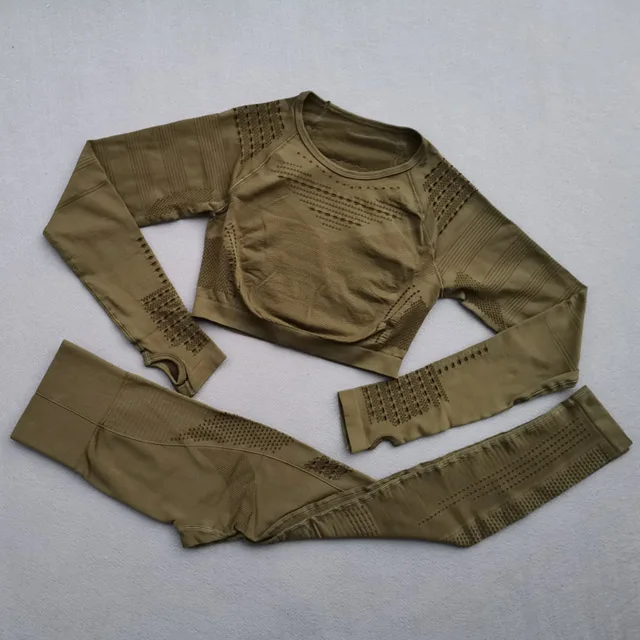 Army green 2pcs set Женский спортивный костюм из 2 предметов, бесшовные леггинсы+ укороченные рубашки, одежда для спортзала, комплект для тренировок, йоги, Женский комплект с длинным рукавом для фитнеса, спортивный костюм - Цвет: Army green 2pcs set