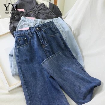 

YuooMuoo Ins Hot Vintage Women High Waist Jeans 2019 New Arrival Simple Fit Leisure Wide Leg Jeans Chic Blue Black Women Jeans