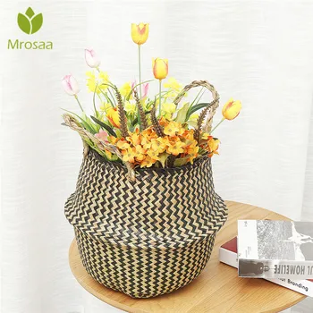 

Handmade Bamboo Storage Baskets Foldable Laundry Straw Patchwork Wicker Rattan Seagrass Belly Garden Flower Pot Planter Basket