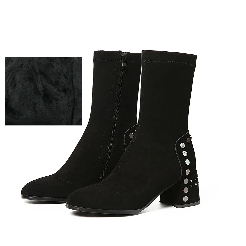 Blk low plush Женские эластичные сапоги выше колена; черные сапоги в стиле панк с металлическим украшением; женские ботинки с круглым носком на высоком толстом каблуке; женская обувь; размеры 34-40 - Цвет: Blk low plush
