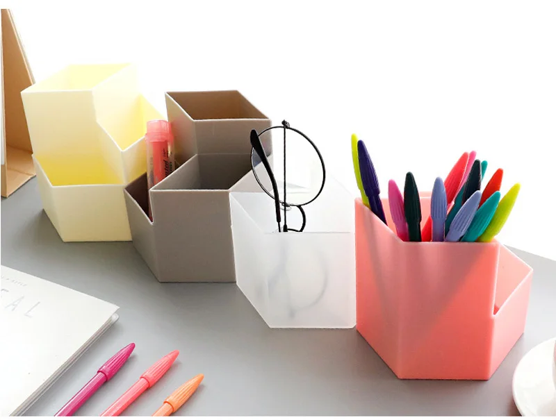 Creative 3 Grid Hexagonal Shape Pen Holder Office School Desktop Storage Case Makeup Brush Box Desk Pen Pencil Organizer
