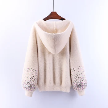 

2019 New Spring Autumn Fake Mink Cashmere Knitted Sweaters Cardigans Sequins Lantern Sleeve Zipper Outwear Hooded Sweaters