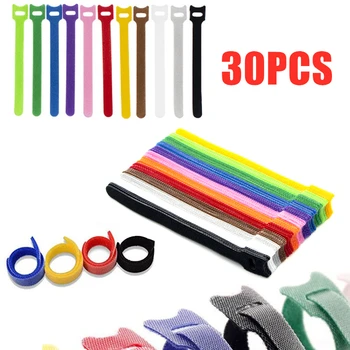 

30pcs Reusable Cable Ties Cord Nylon Strap Hook Loop Tidy Organiser Tool Tidy Hook T-type Velcro Cable Tie 1.2x20cm Multi-color