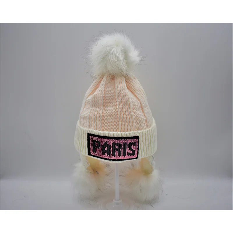beige Winter Hat for Kids Girls Boys Sequin Pom pom Beanie Hat Hip Hop Bonnet Soft Knitted Cap Gorro niña lana czapka zimowa chlopiec - Color: beige
