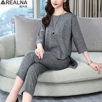 

Summer two piece set women outfits 3/4 Sleeve Tops And Cropped Pants Suits Elegant Office Women's Sets 2020 autumn 2 piece set