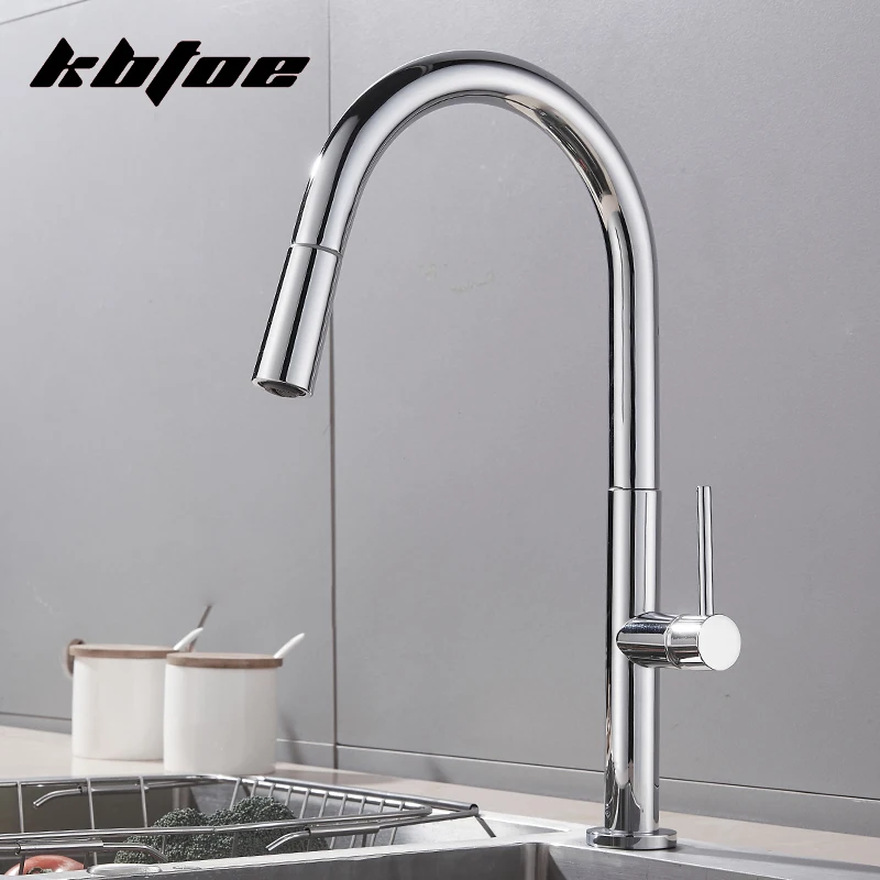 

Pull Out Kitchen Faucets Chrome Single Hole Hot and Cold Sink Mixer Tap 360 Degree Rotation Single Handle Crane Silver Brass Tap
