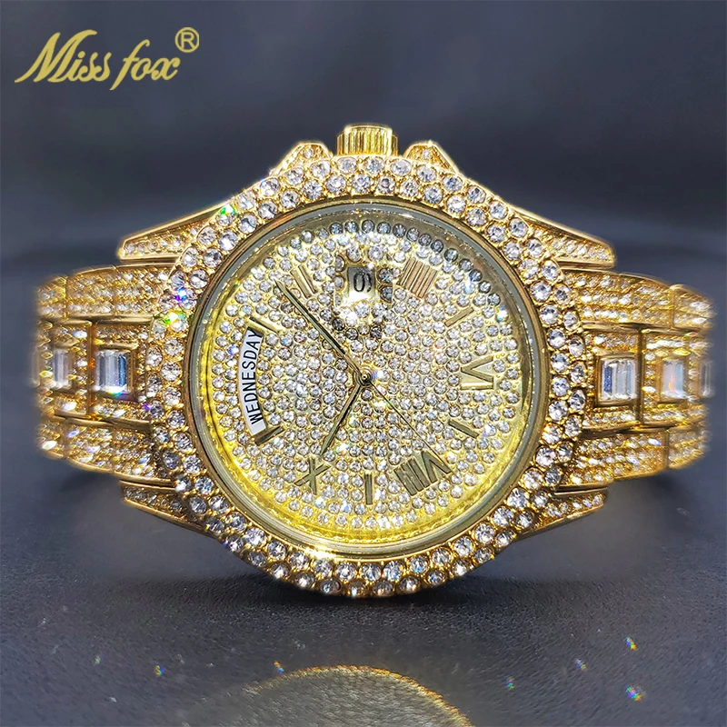 Missfox 18K Gold Mannen Luxe Designer Horloge Diamond Datum Dag Gewoon Ijs Out Quartz Horloges Dropshipping