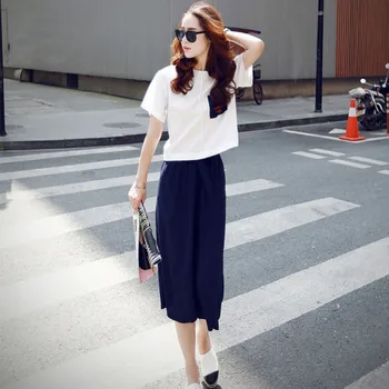 

Women Two Piece Sets Summer Casual O-neck Short Sleeve Tops+ Wide-Leg Pants Woman Clothes