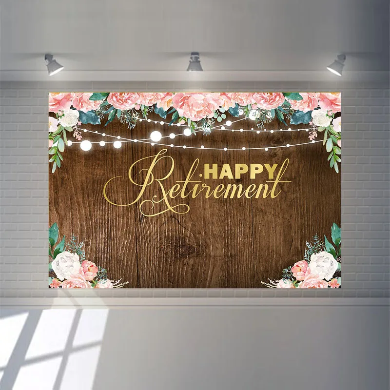 NeoBack Wood Happy Retirement Photography Backdrops Pink Watercolor Flower String Background for Photo Retirement Party Backdrop