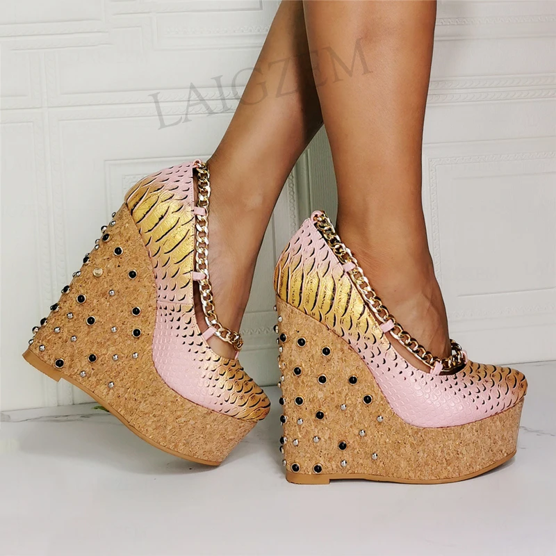 

BERZIMER Women Platform Wedges Studded Heels Pumps Mix Colors Chains Party Cosplay Unisex Shoes Woman Large Size 43 44 45 46 52