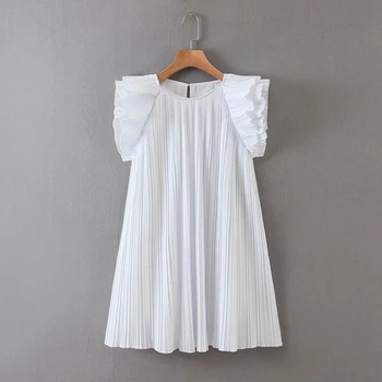 

Pleated Mini Dress Women O-neck Sleeveless Ruffle Trim Summer Dress Back Opening Interior Lining Elegant White Dresses