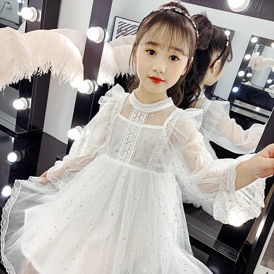 

Princess Dresses for Girls 2020 Spring Summer New Children's Clothes Lace Mesh Princess Dress Lone Sleeve Sequin Casual Skirt